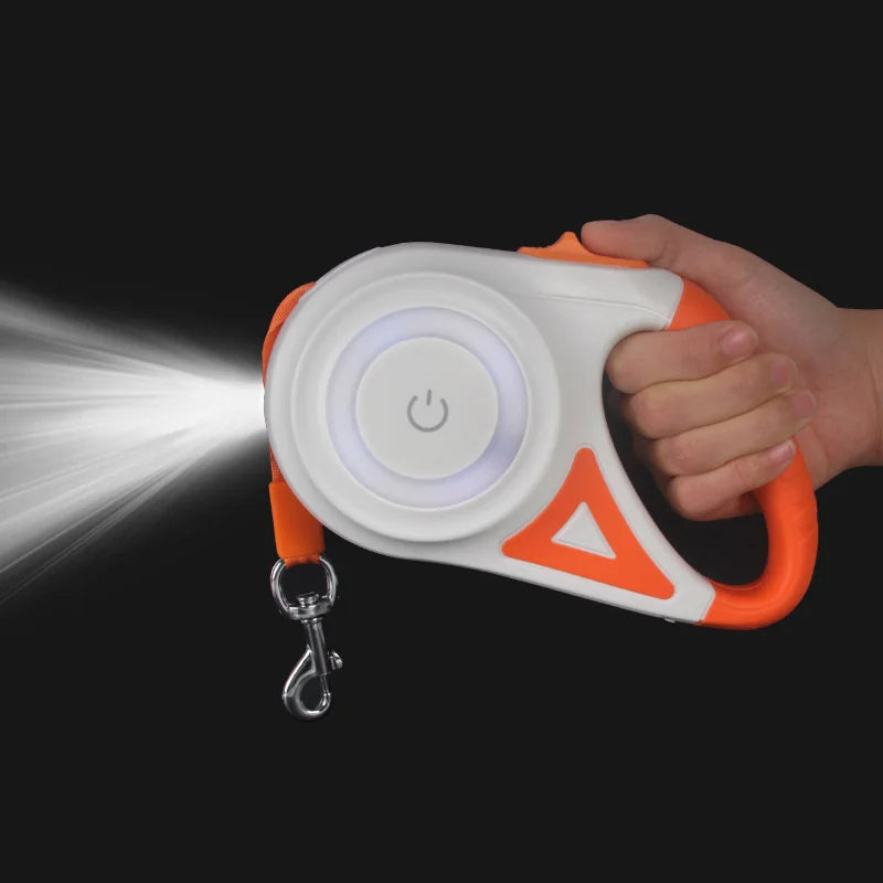 Dog walking essential: retractable leash with bright LED flashlight, perfect for outdoor dog adventures.