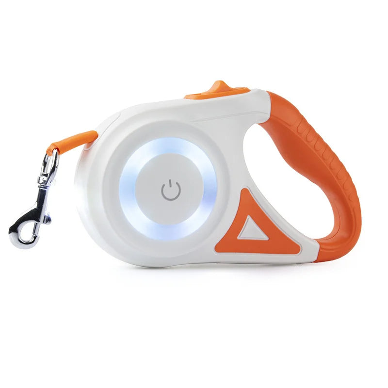 Pet safety gear: durable retractable dog leash featuring a powerful LED flashlight and comfortable grip.