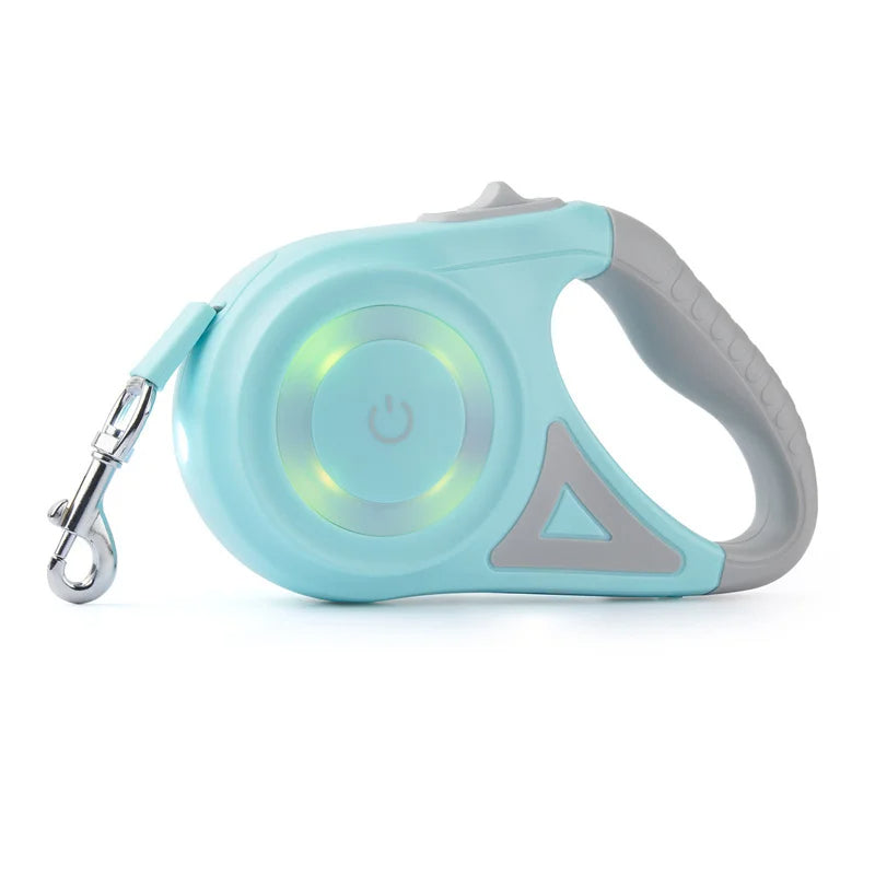 Night walk dog leash, retractable style with built-in LED flashlight for visibility and tangle-free use.
