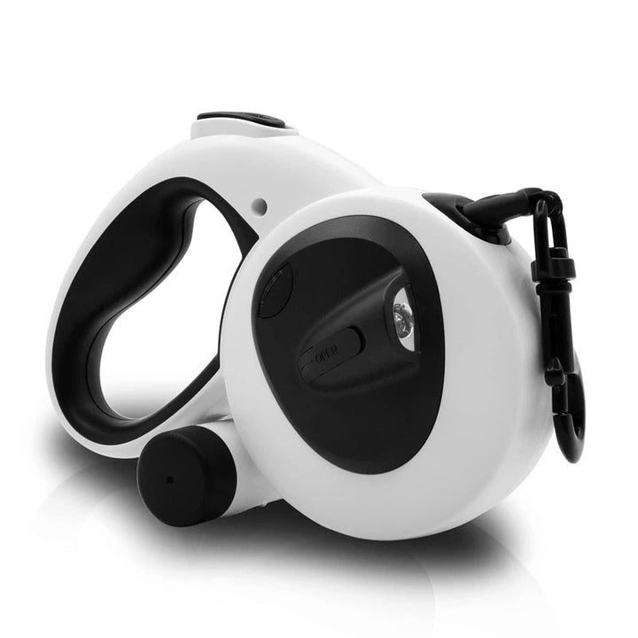 Hands-free retractable dog leash with bright LED light for visibility and built-in poop bag dispenser