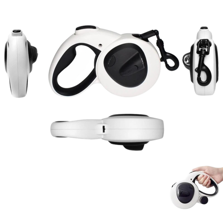Durable retractable dog leash, tangle-free design, with integrated LED light and waste bag holder