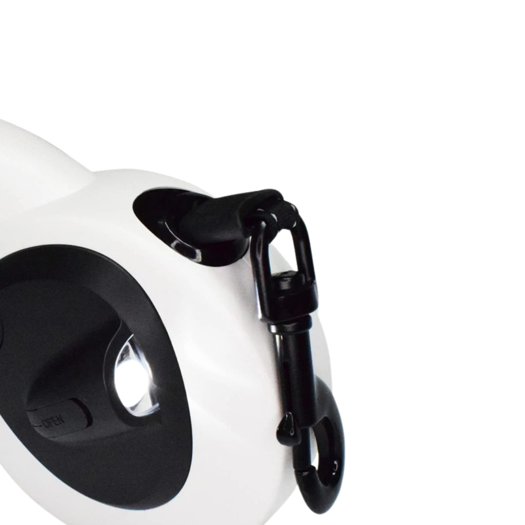 Automatic dog leash with LED light for safety, one-handed brake and lock system, and poop bag storage