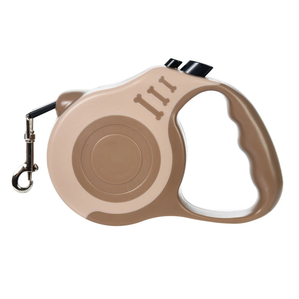 Retractable dog leash with quick-lock button in use, ergonomic handle for pet control