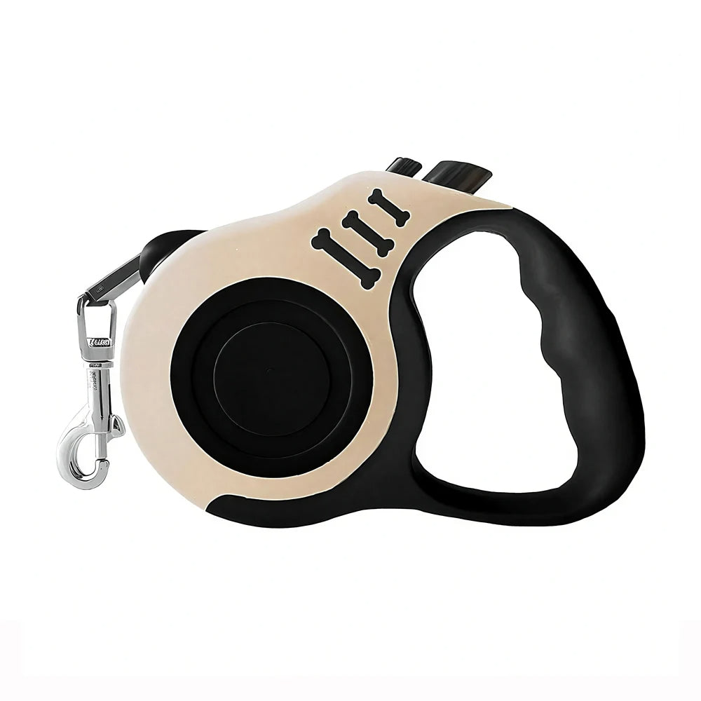 Retractable dog leash packaging, emphasizing quick-lock and tangle-free design benefits