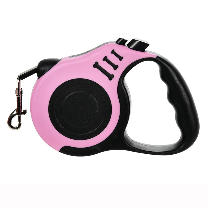 Tangle-free retractable dog leash extended with a happy dog walking safely in outdoors