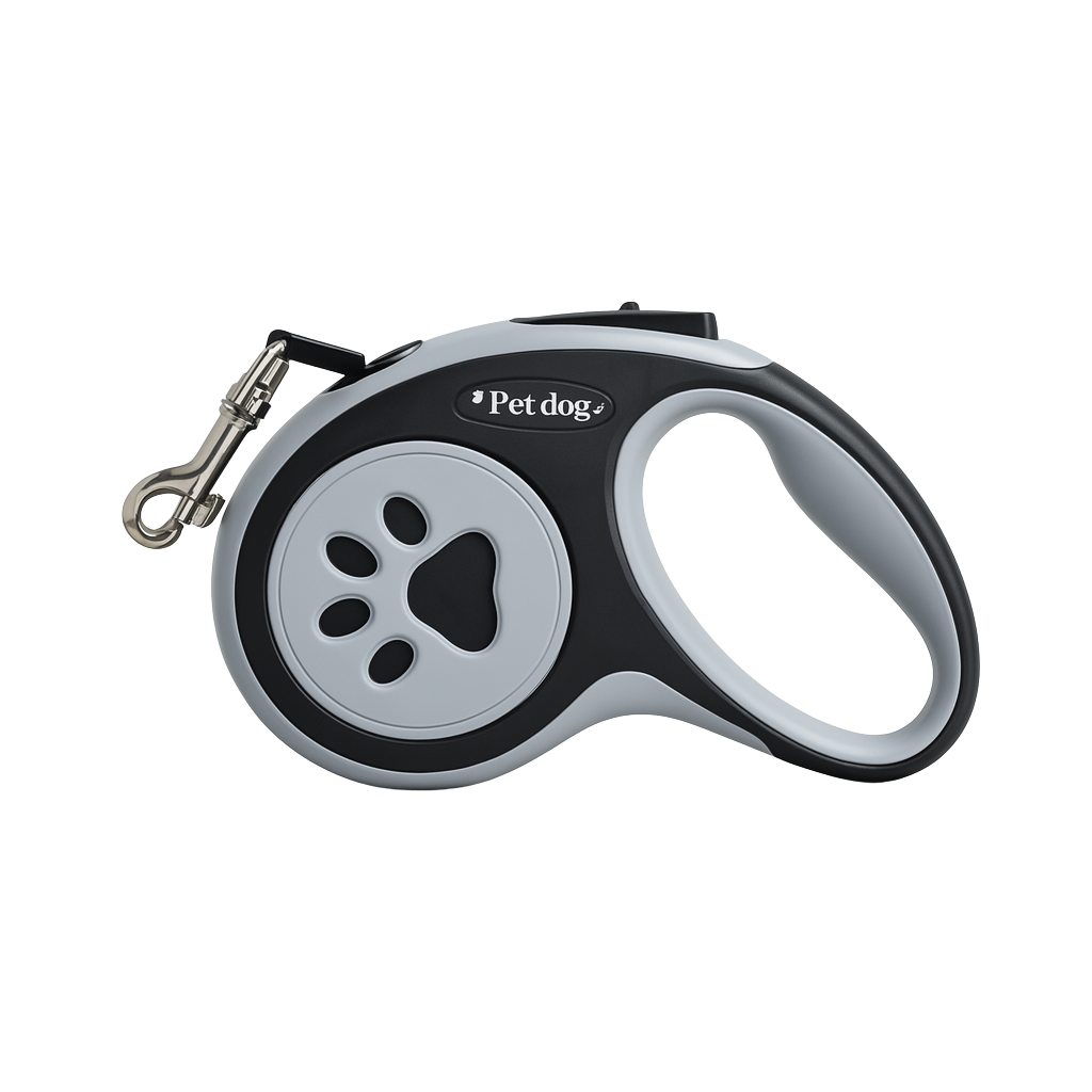 Close-up of quick-release button on black retractable dog leash for small & medium pets