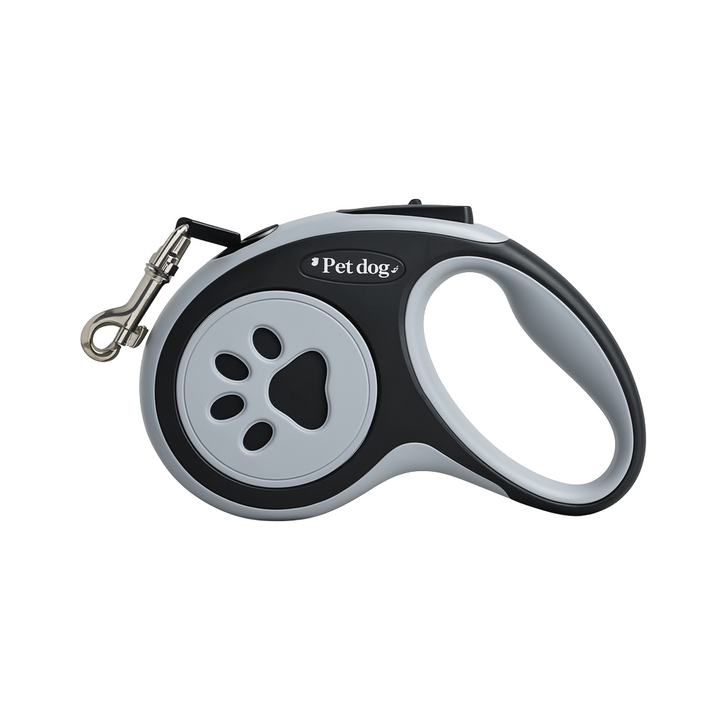Close-up of quick-release button on black retractable dog leash for small & medium pets