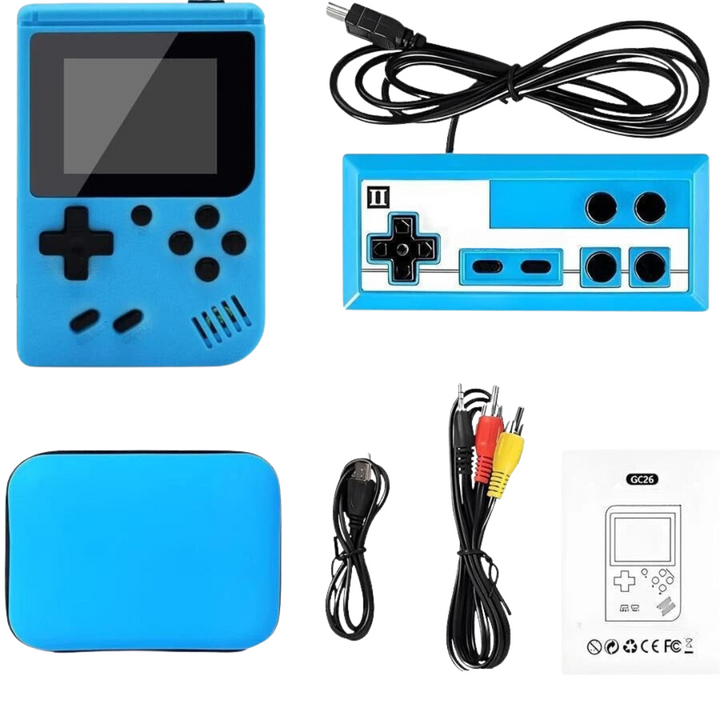 Vintage-style handheld gaming console, 400 classic games, 2-player support & TV output. Rechargeable fun.