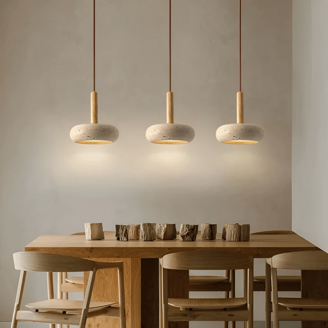 Retro LED ceiling light with natural wood & stone, creating a serene, Japanese-style home ambiance.