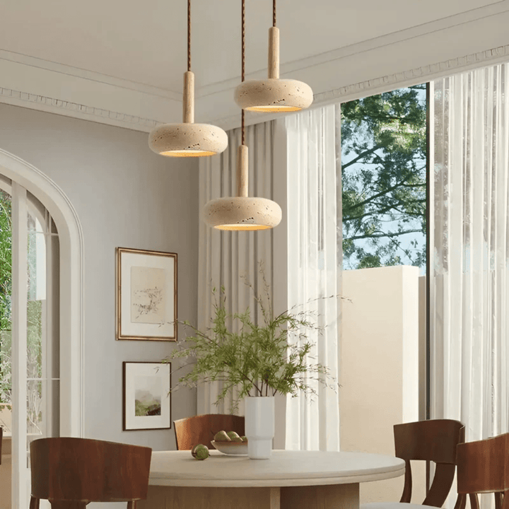 Atmospheric LED ceiling light featuring wood & stone, perfect for a calm and retro indoor lighting decor.