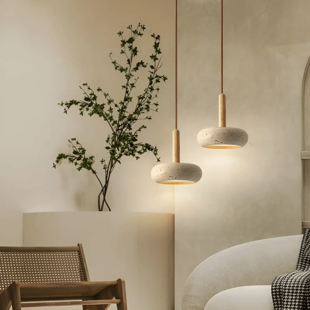 Energy-efficient retro LED ceiling light, combining natural wood & stone for a unique Japanese interior.