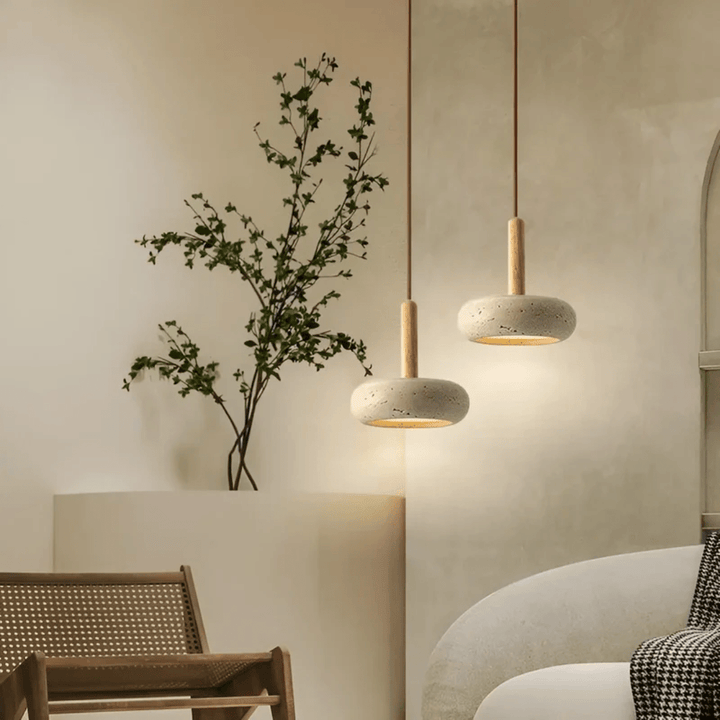 Energy-efficient retro LED ceiling light, combining natural wood & stone for a unique Japanese interior.