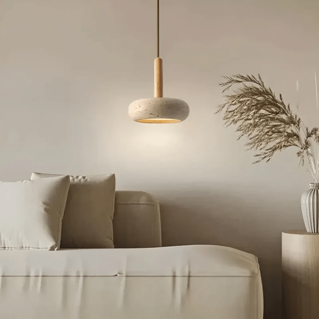 Indoor lighting: a retro LED ceiling fixture with organic wood & stone, enhancing calm and natural home decor.