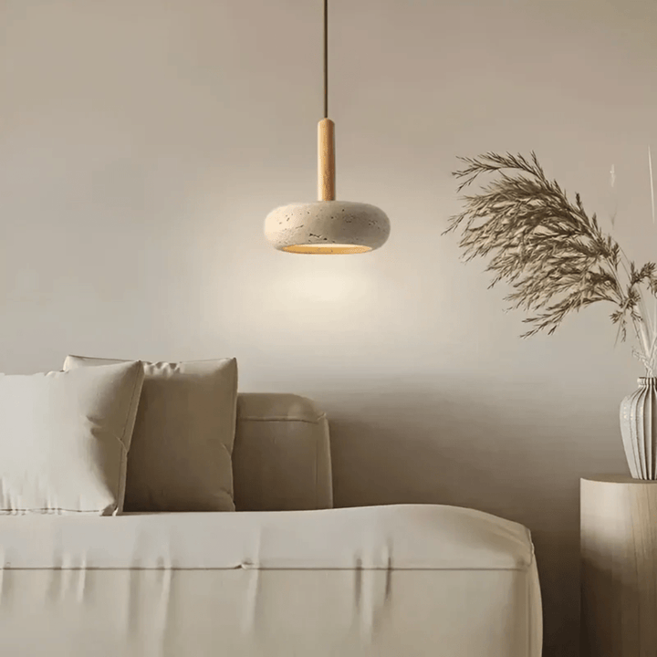 Indoor lighting: a retro LED ceiling fixture with organic wood & stone, enhancing calm and natural home decor.