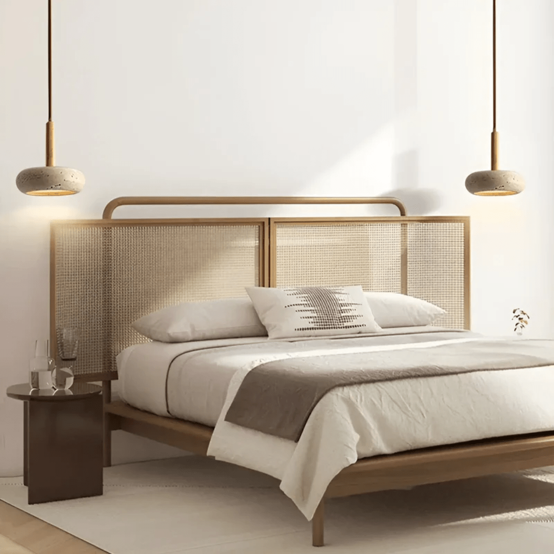 Modern retro LED ceiling light, made with natural wood and stone, ideal for a tranquil, Japanese-inspired room.