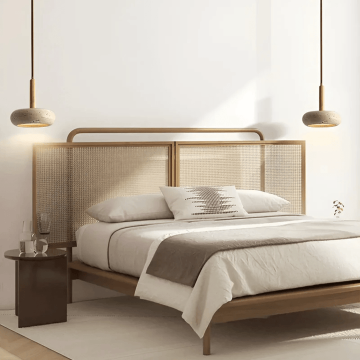 Modern retro LED ceiling light, made with natural wood and stone, ideal for a tranquil, Japanese-inspired room.
