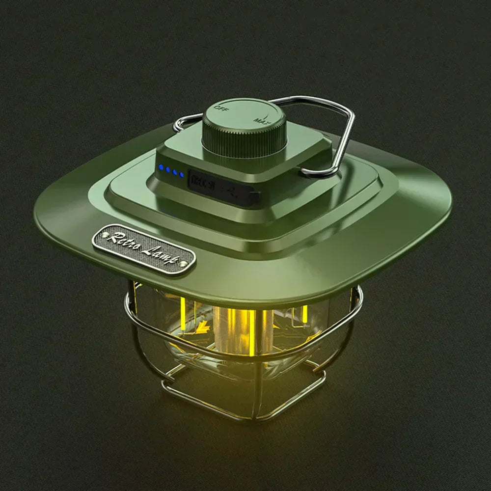 Retro rechargeable LED camping lantern, portable outdoor gear for hiking, camping, and emergency light.