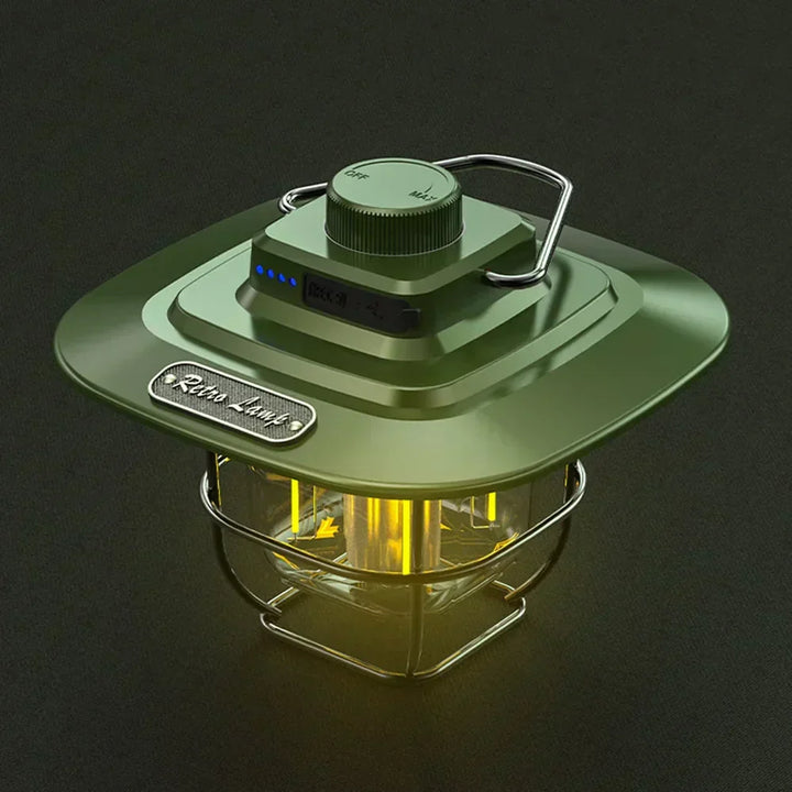 Retro rechargeable LED camping lantern, portable outdoor gear for hiking, camping, and emergency light.