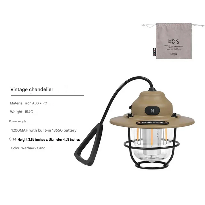 Unisex retro rechargeable LED camping lantern, portable and versatile, ideal camp light for all outdoor needs.