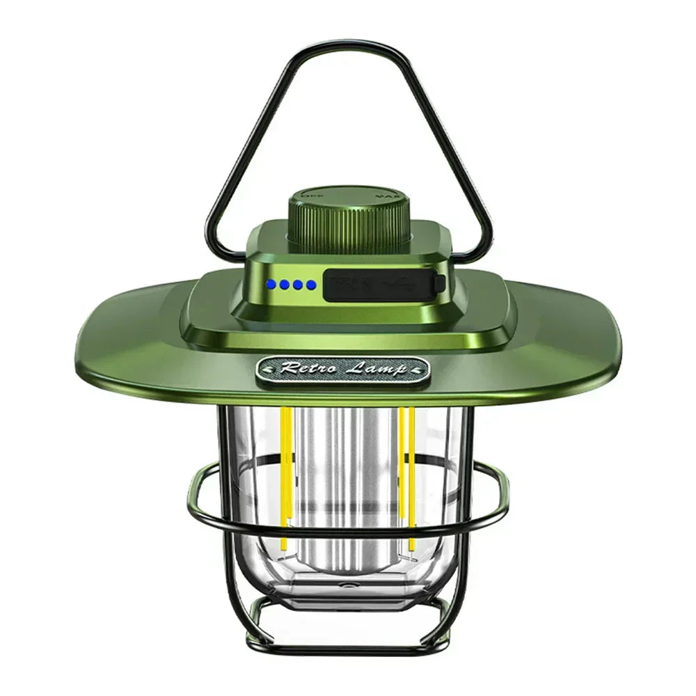 Vintage style rechargeable LED lantern, ideal for camping, hiking, and adding warm light to any tent.
