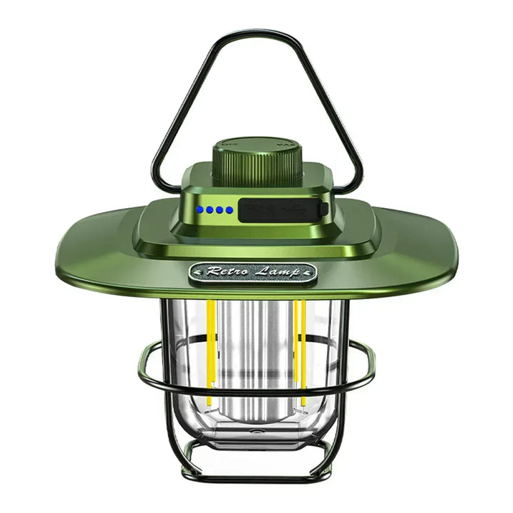 Vintage style rechargeable LED lantern, ideal for camping, hiking, and adding warm light to any tent.