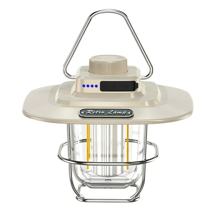 Portable rechargeable LED camping lantern provides warm, energy-efficient light for tents, travel, or emergencies.