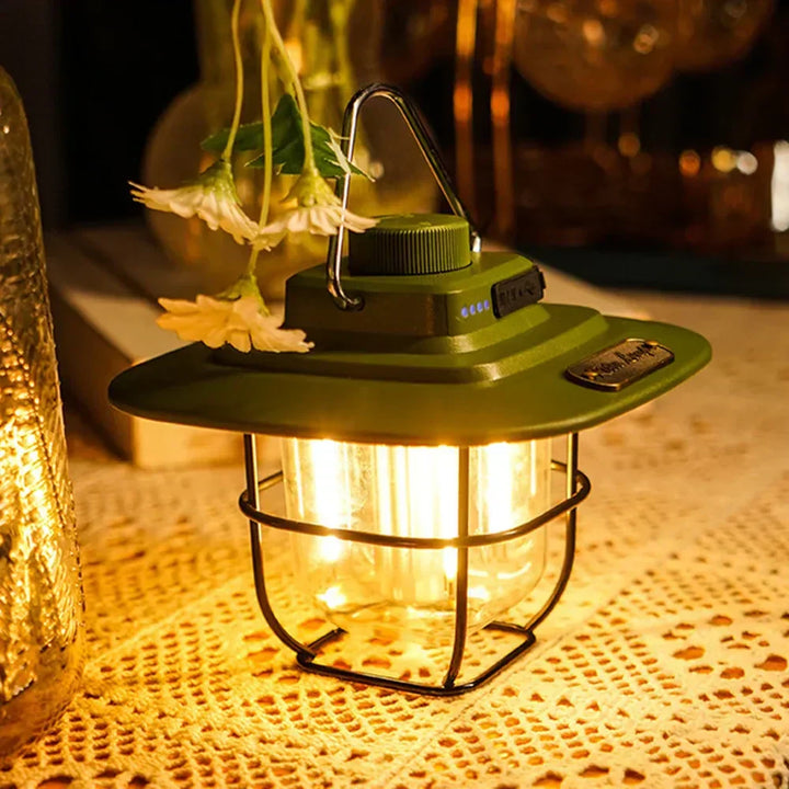 Unisex retro camping lantern with LED light, rechargeable, perfect for illuminating outdoor gear & campsites.