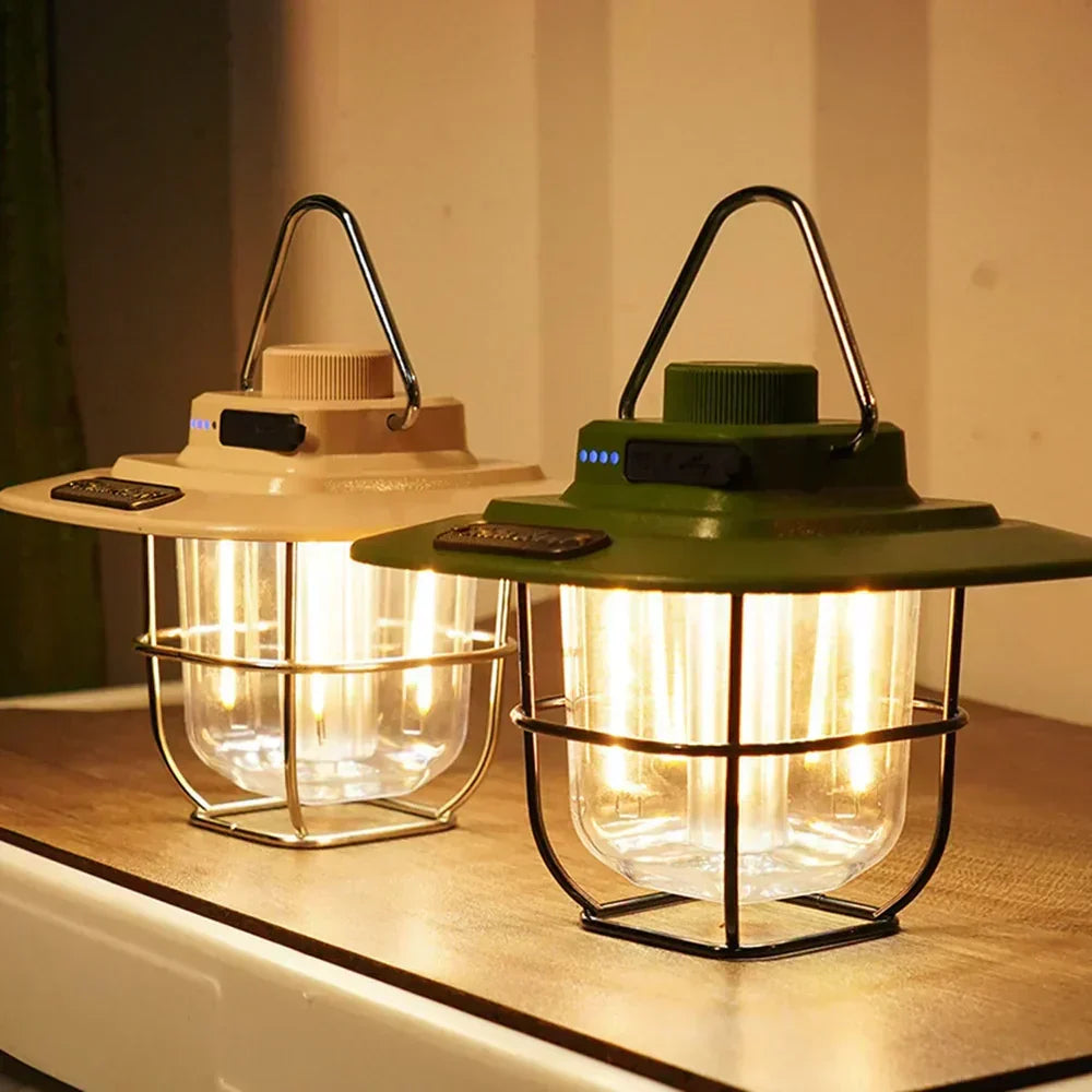 Bright LED camping lantern, rechargeable, offers warm, long-lasting light for your next hiking or camping trip.