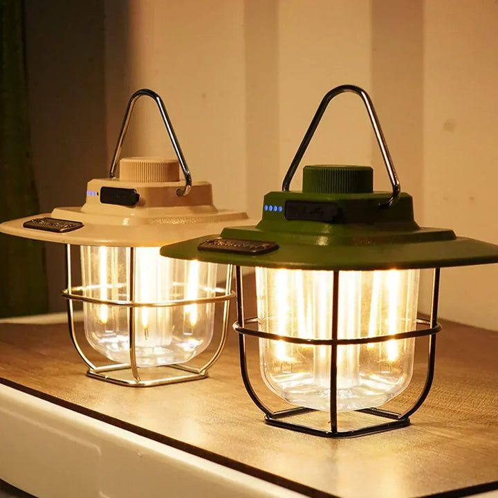Bright LED camping lantern, rechargeable, offers warm, long-lasting light for your next hiking or camping trip.