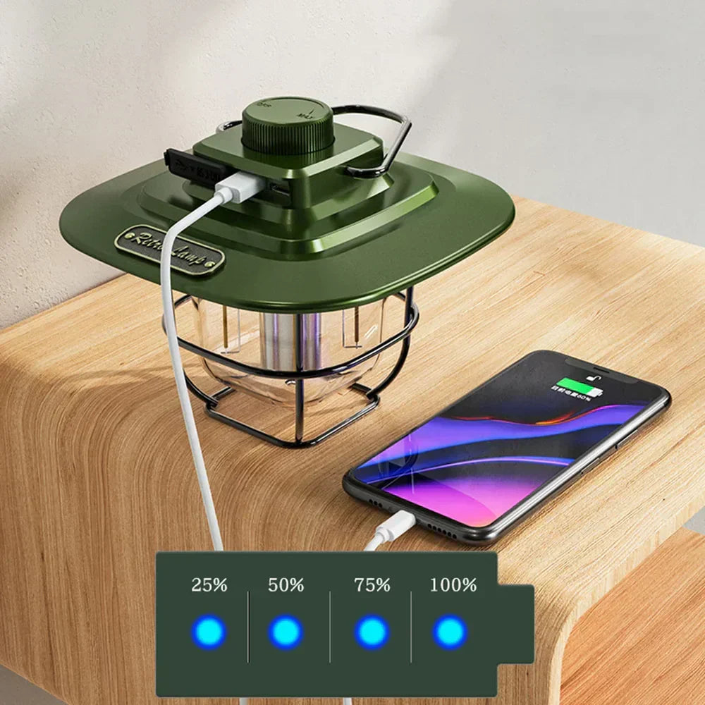 Reliable rechargeable LED emergency light, retro design, great for camping, power outages, and outdoor use.