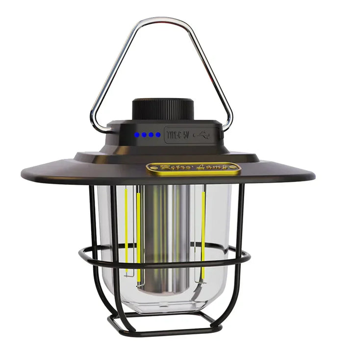 Stylish retro LED camping lantern, USB rechargeable, provides warm, soft light for tents, patios, and travel.