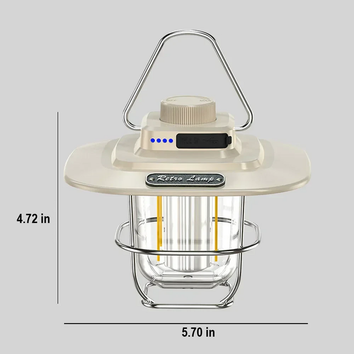 Classic retro rechargeable LED lantern, portable, casts a warm light, perfect for camping, hiking, and ambiance.