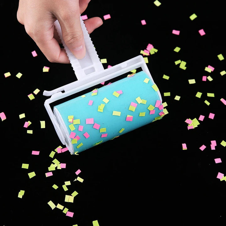 Adhesive lint roller for pet hair and dust, a reusable cleaning tool for home & clothing.