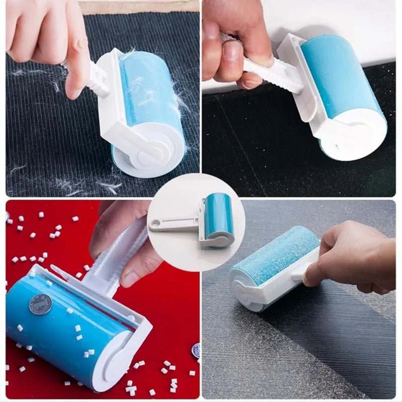 Adhesive lint roller for clothing care, removes pet hair and dust without waste.