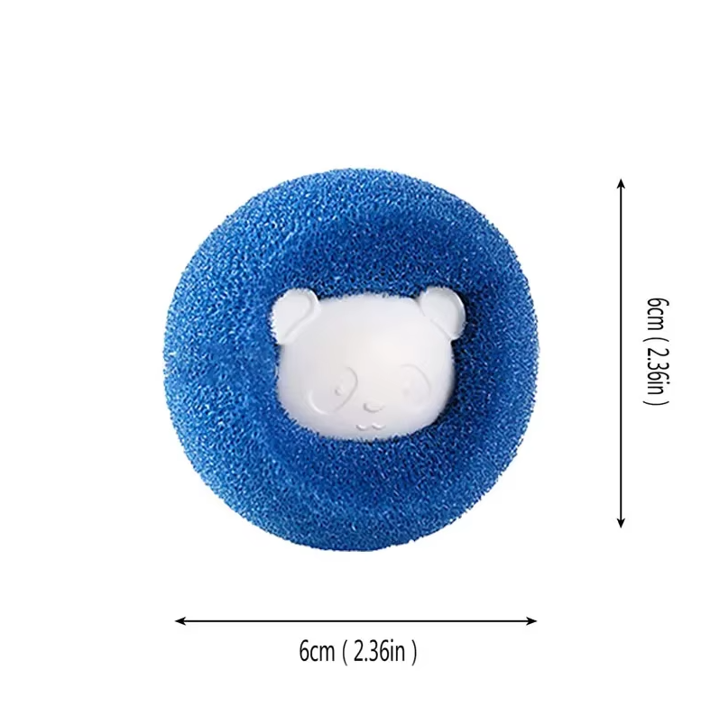 Closeup of two blue silicone dryer balls for pet hair and static in laundry.