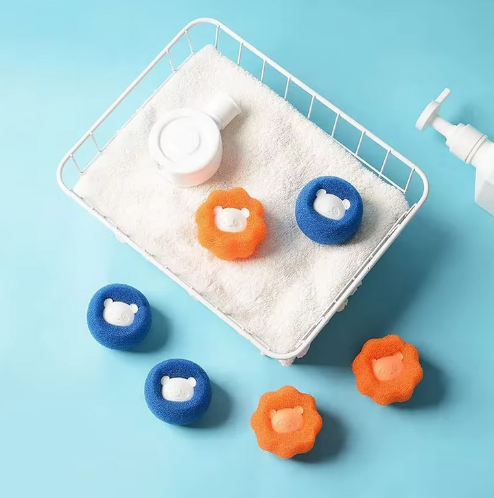 Graphic illustrating how dryer balls lift and trap pet hair, making laundry cleaner and faster.