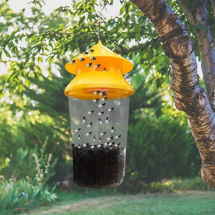 Reusable outdoor hanging fly trap with bait, effectively controlling pests in gardens and patios.