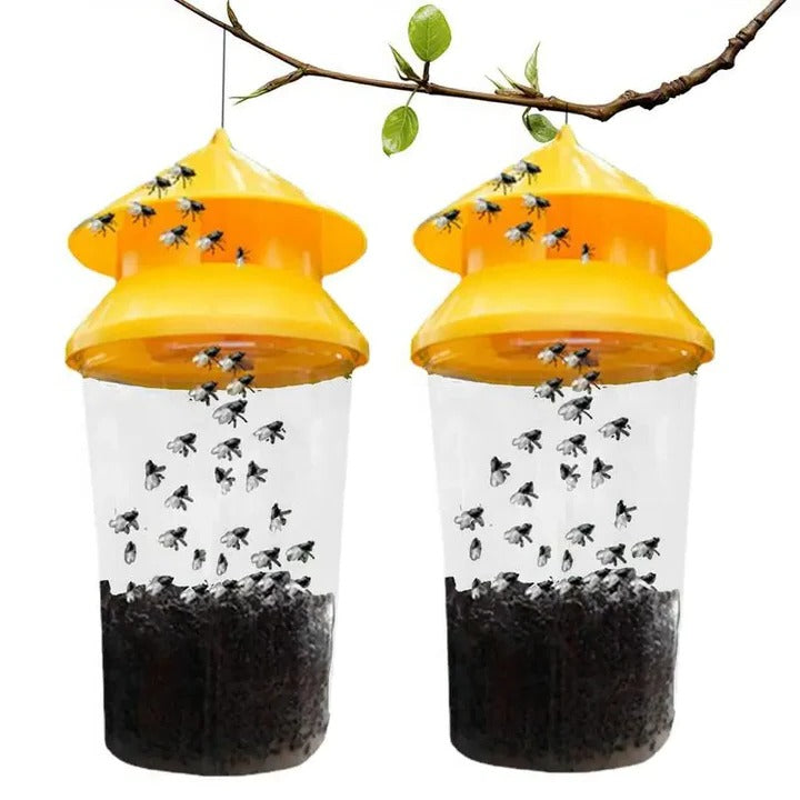 Eco-friendly hanging fly trap designed for outdoor pest control and yard maintenance, capturing insects.