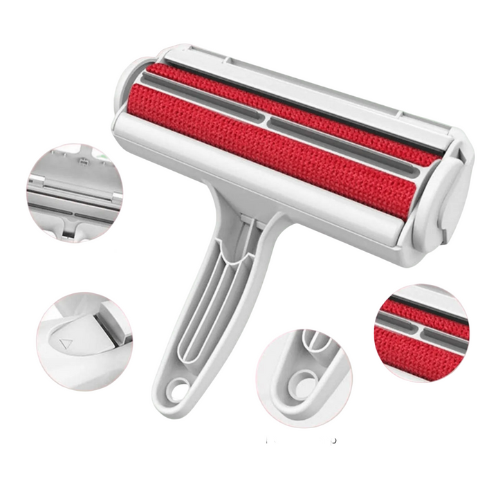 Eco-friendly pet grooming accessory: a reusable hair remover tackling cat hair on a dark sofa