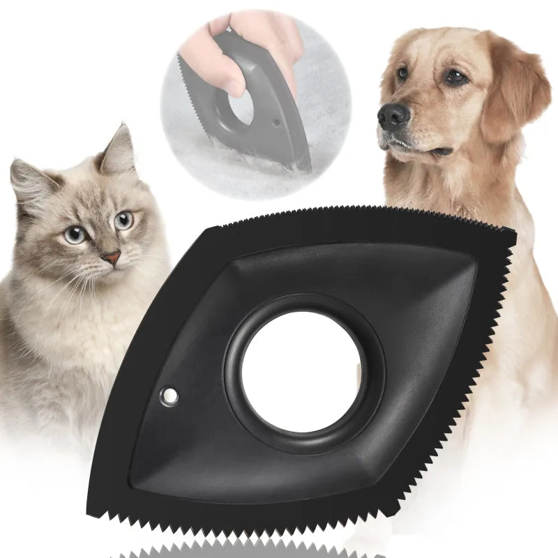 Compact pet hair remover, perfect for travel, shown next to a folded shirt, for clothing and lint removal