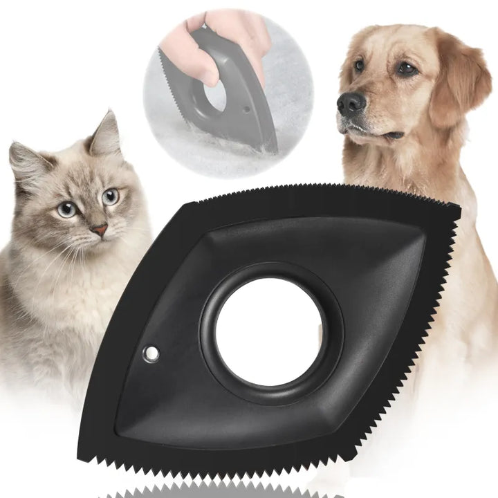 Compact pet hair remover, perfect for travel, shown next to a folded shirt, for clothing and lint removal