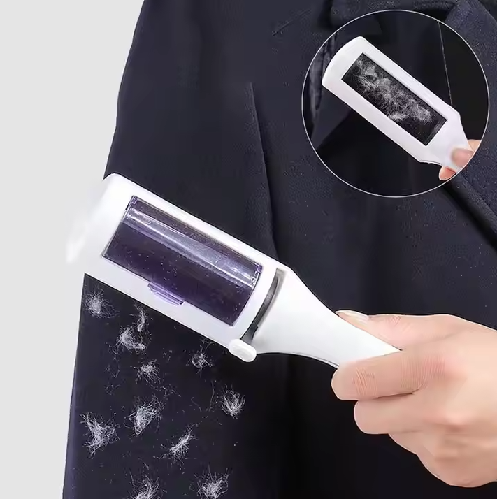 Handheld pet hair remover for furniture and clothing, showing collection of dog and cat fur.