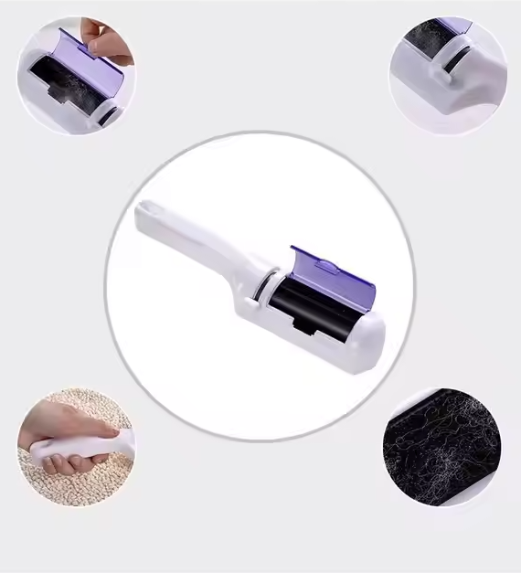 Efficient reusable pet hair cleaner combating pet dander on a textured fabric armchair.