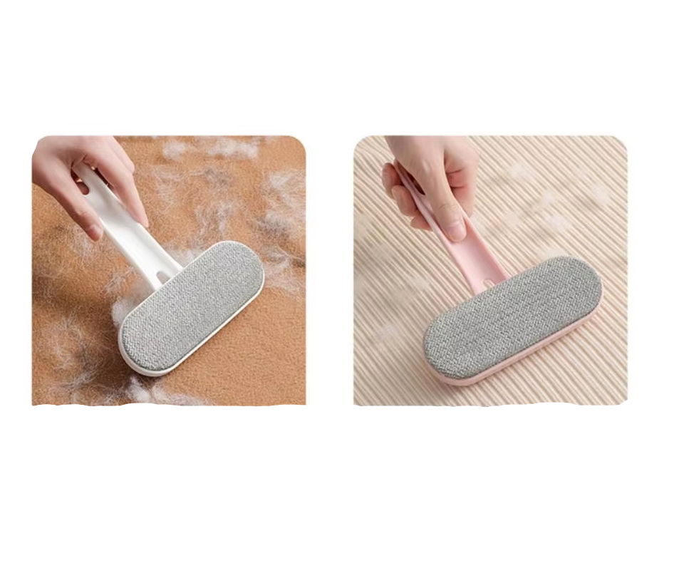 Demonstration of reusable lint roller cleaning pet hair off black pants, showing before and after.
