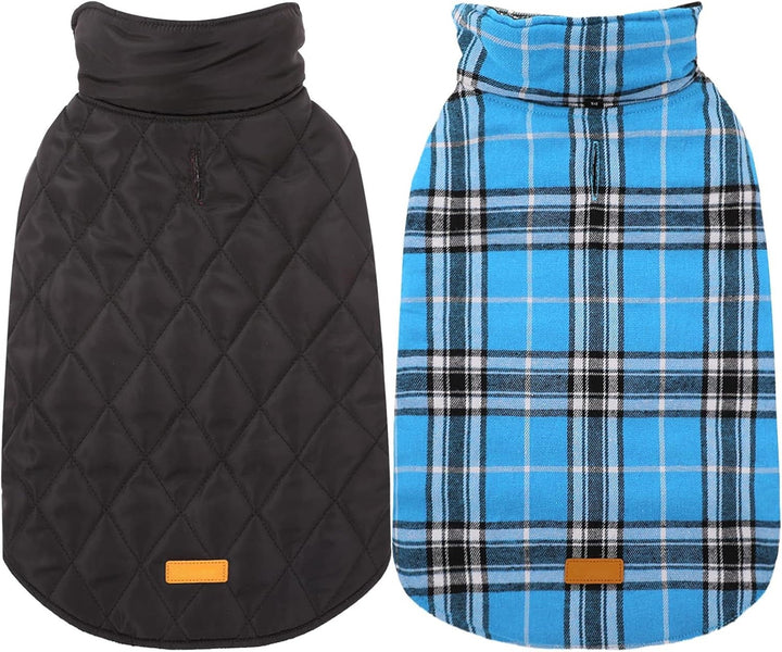 Reversible British check waterproof dog coat, warm winter jacket for cold weather.