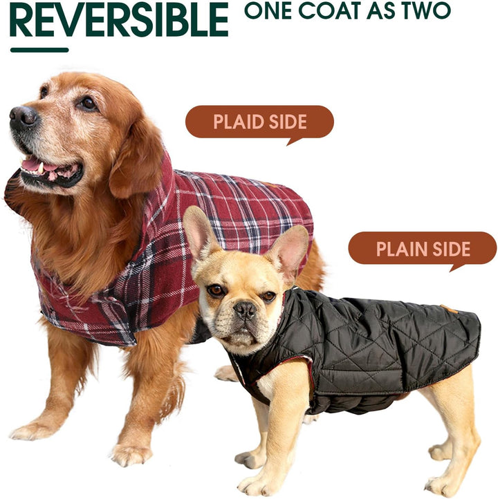 Durable waterproof dog coat with reversible British check pattern for warmth.