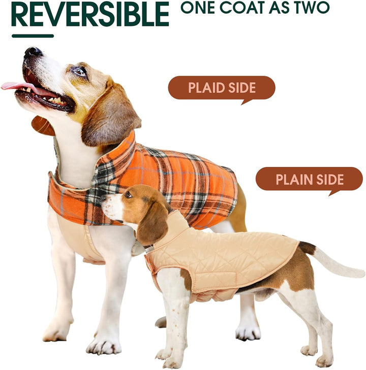 Practical reversible dog jacket, British check pattern, waterproof for snow.