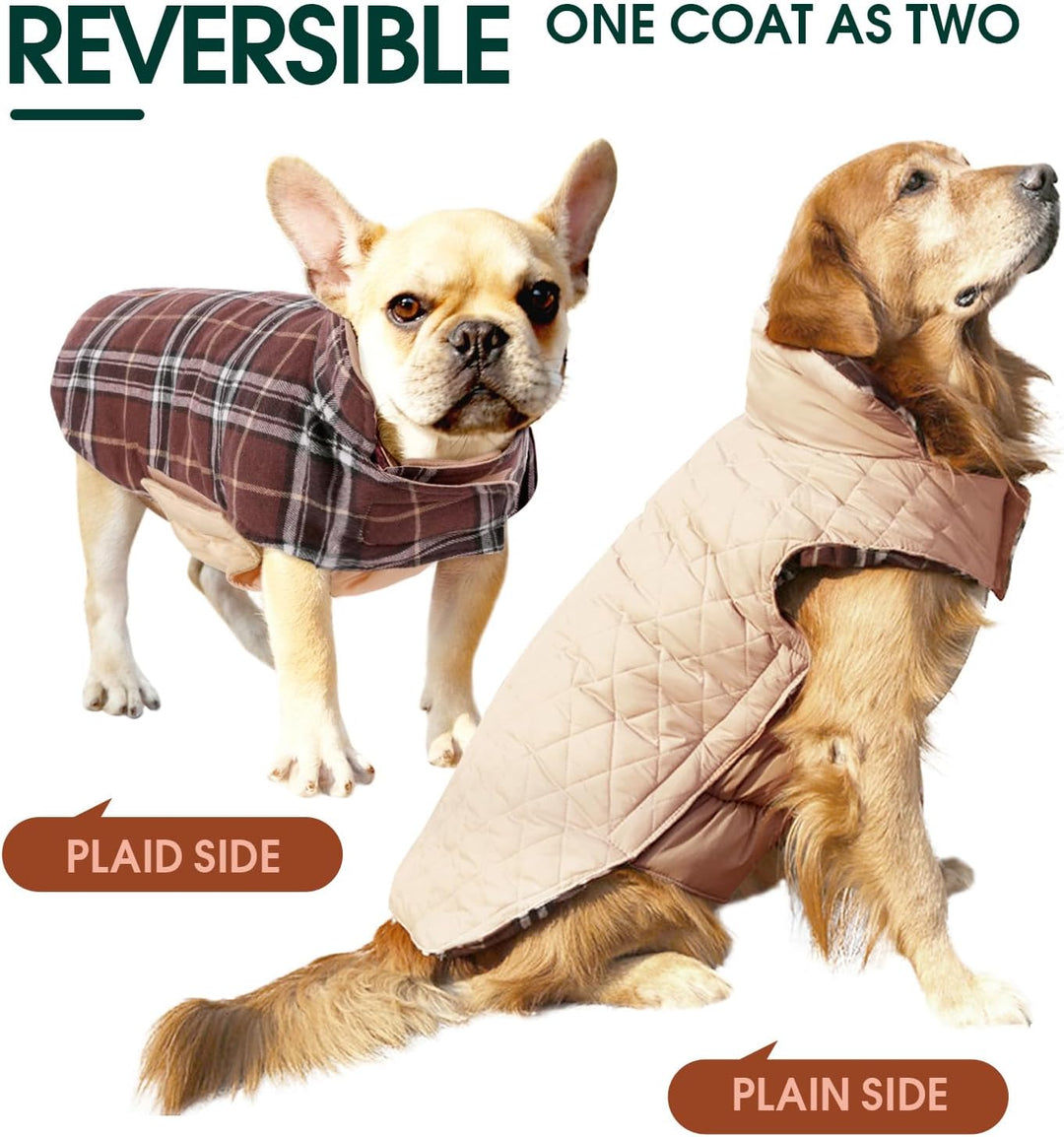 Large dog's warm reversible British check waterproof winter coat.
