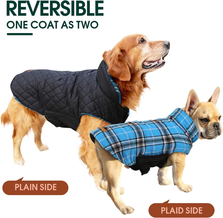 Waterproof winter dog jacket, reversible British check design, cozy pet apparel.