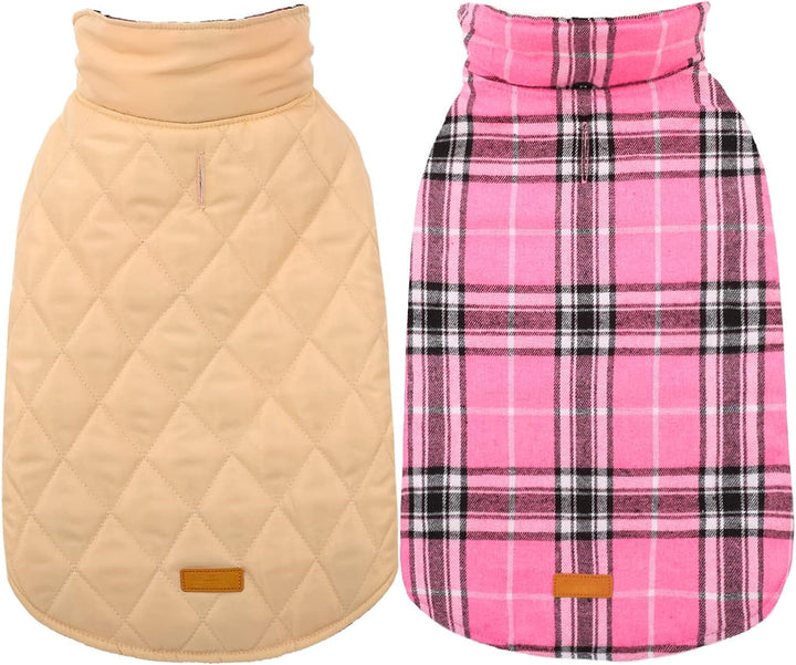 Two-sided dog coat: British check & solid, waterproof, warm, perfect for winter.